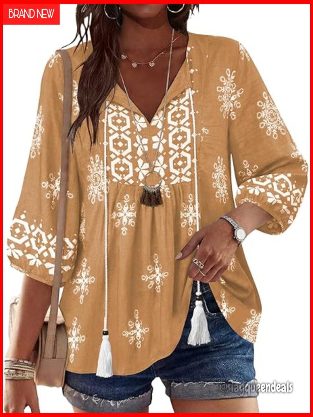 Women's Floral Boho Babydoll Tunic 3/4 Sleeve V-Neck Tie Front Peplum Top